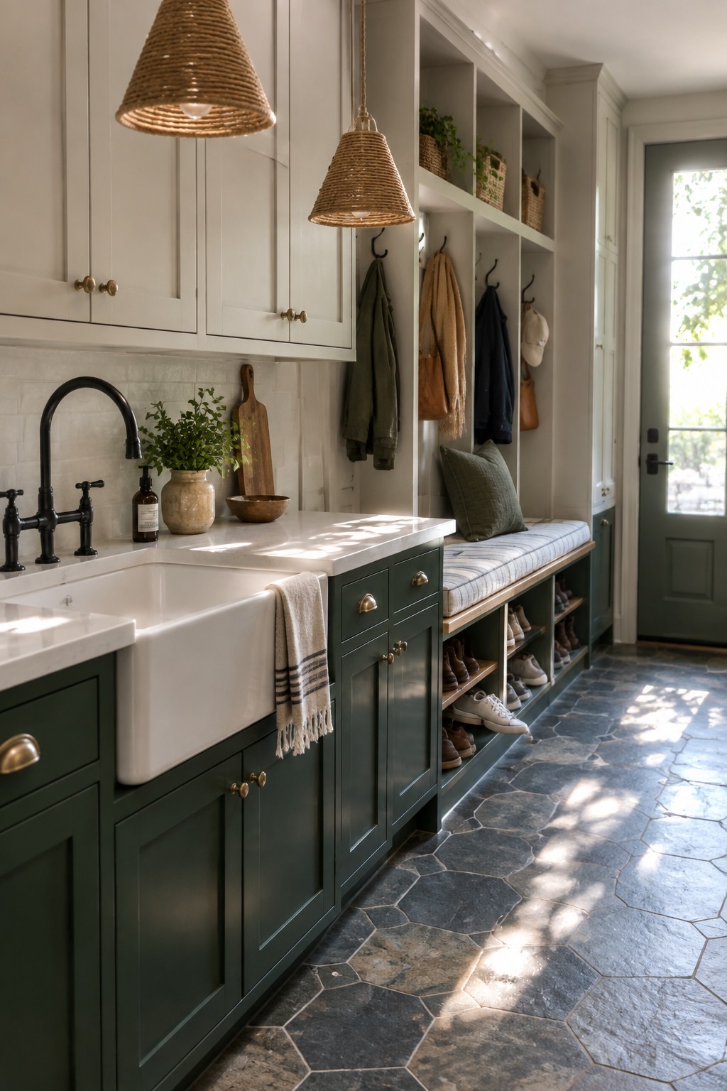Kitchen with white upper cabinets, dark green lower cabinets, a white farmhouse sink, black faucet, and built-in bench with shoe cubbies along the wall.
