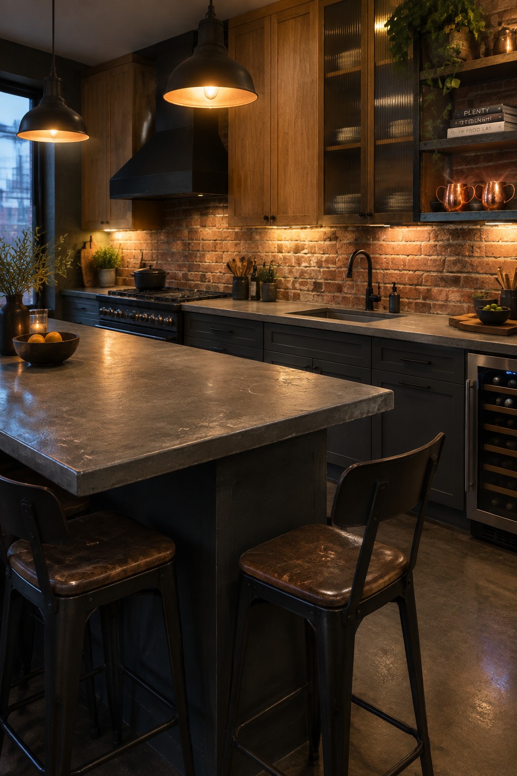 A kitchen interior with upper wood cabinets, dark lower cabinets, a concrete island with two stools, black range hood, and brick backsplash.