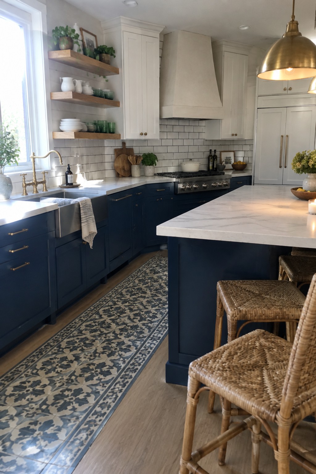 A kitchen interior showing white upper cabinets paired with navy blue lower cabinets and a matching island, white marble countertops, and woven bar stools along the island.