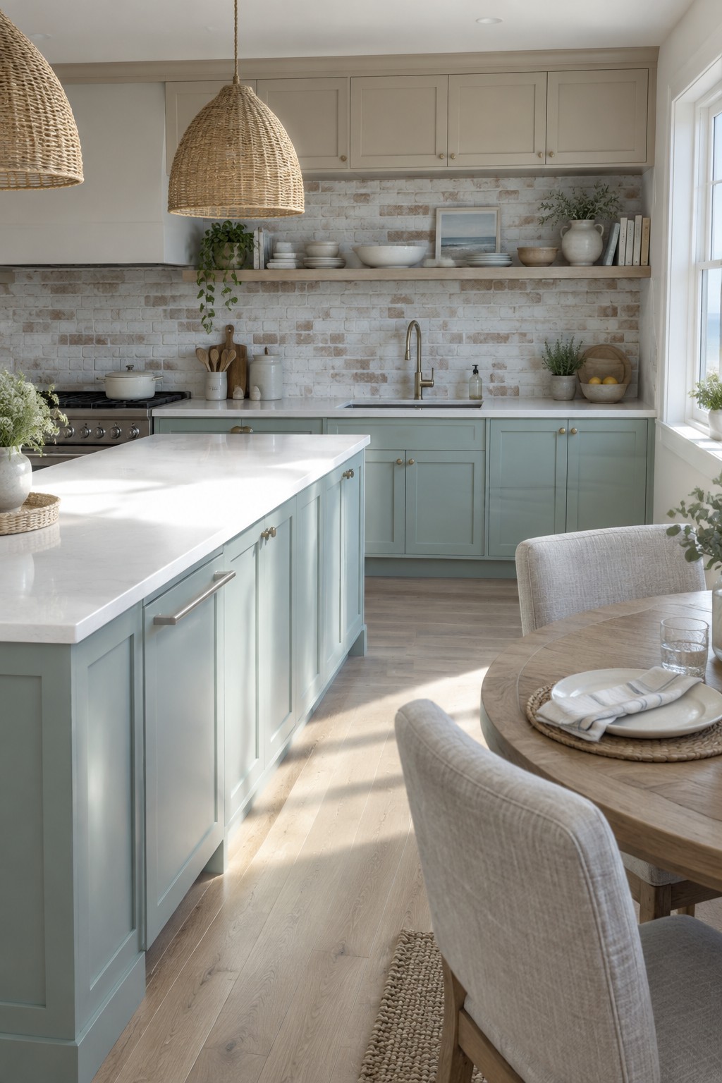A bright kitchen interior with sage green lower cabinets, beige upper cabinets, a white marble island, and a white brick backsplash.