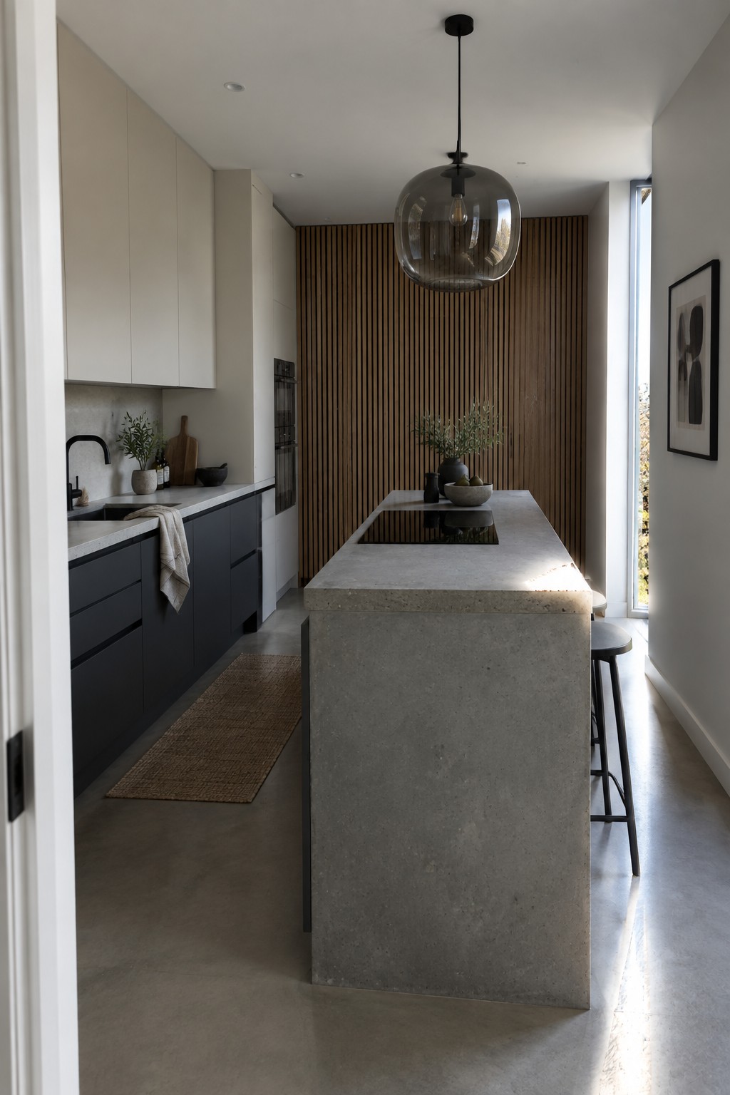 Modern kitchen with concrete island, dark cabinets, wooden slat wall, and glass pendant.