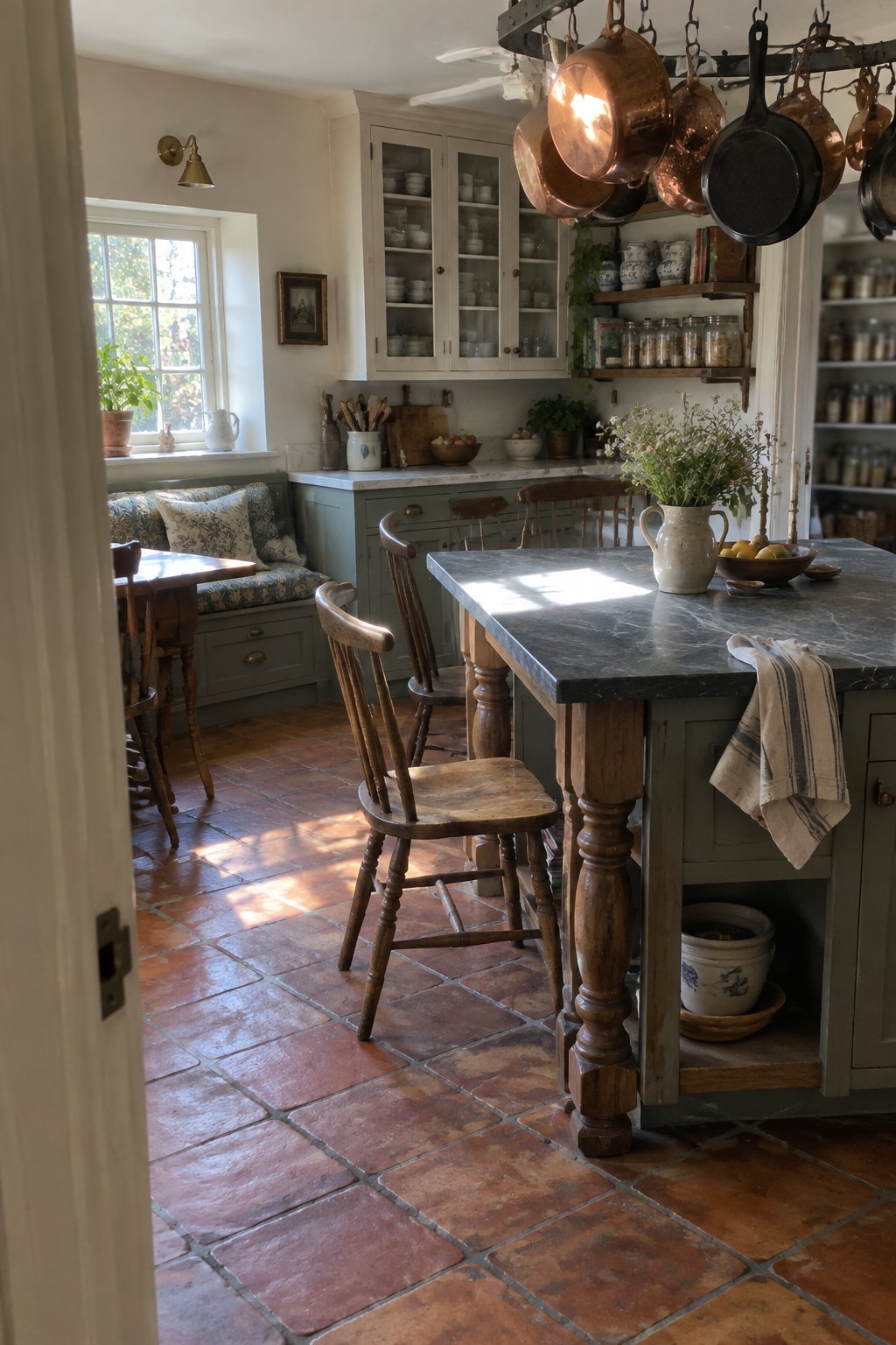 A kitchen with sage green lower cabinets, white glass-front upper cabinets, a dark marble island, wooden chairs, and terracotta floor tiles.
