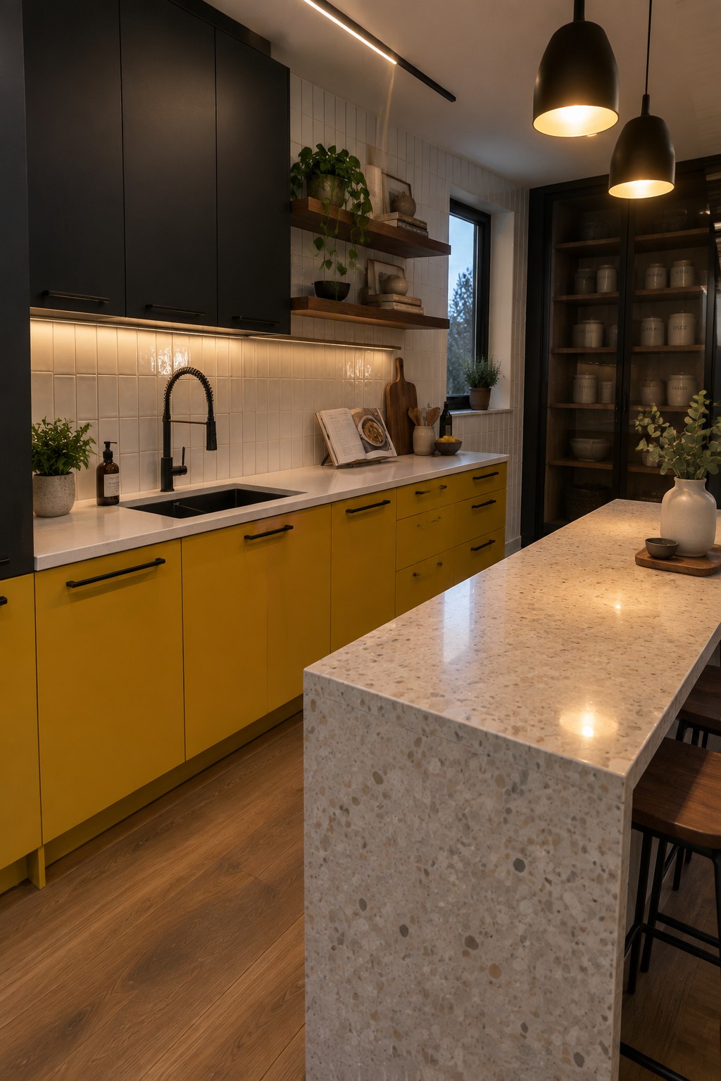 A modern kitchen with black upper cabinets, yellow lower cabinets, white countertops, a black gooseneck faucet, and a large speckled stone island with wooden stools.