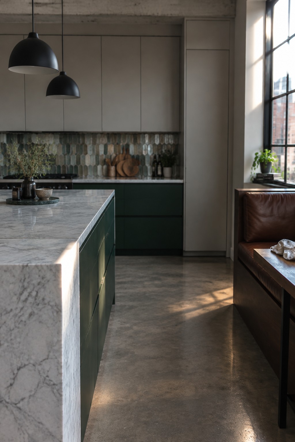 A modern kitchen interior showing light gray upper cabinets, dark green lower cabinets, a marble island countertop, black dome pendant lights, and a herringbone tile backsplash.