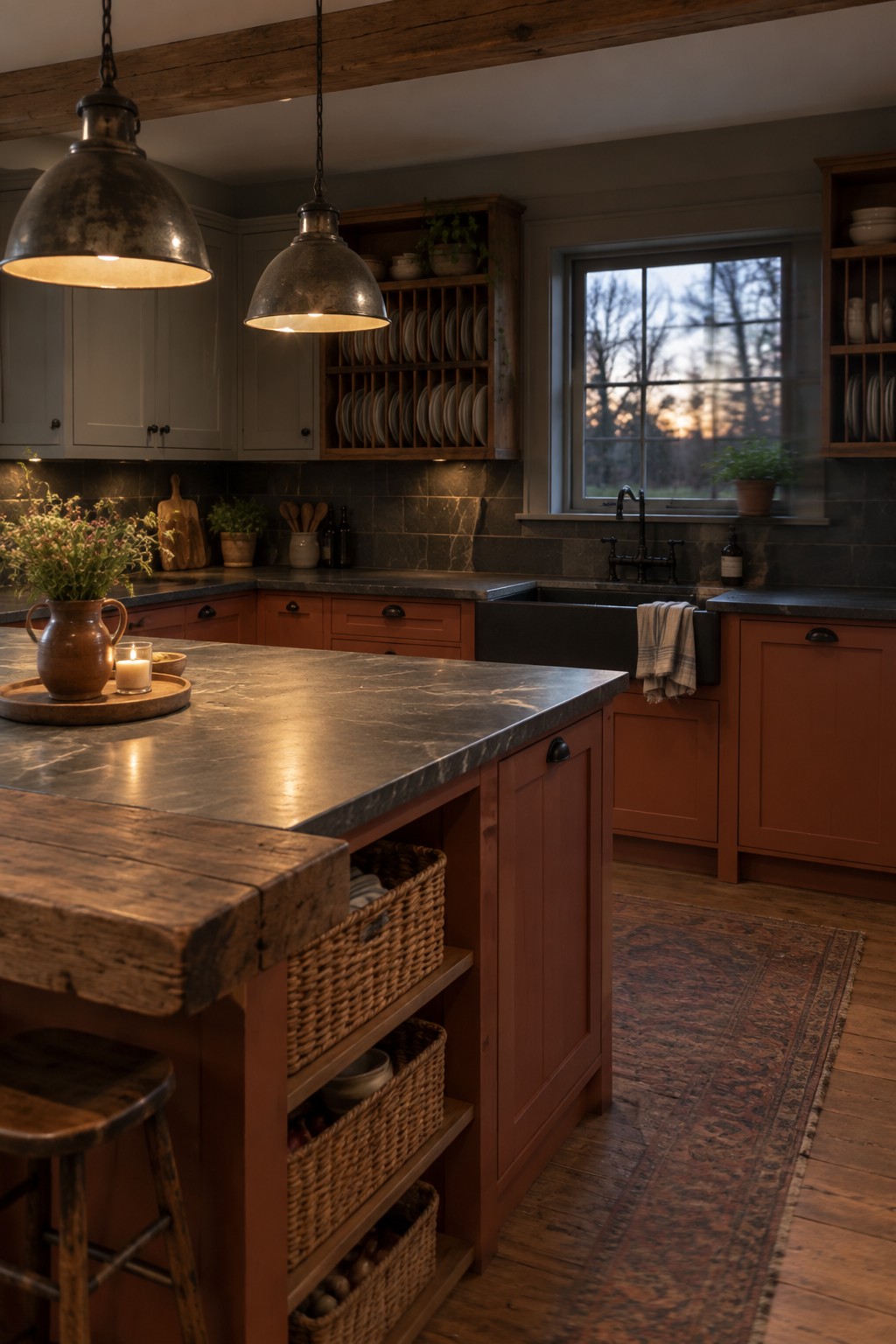 A kitchen with light gray upper cabinets and terracotta lower cabinets plus a matching island, dark stone countertops, two metal pendant lights, and a window above the sink.