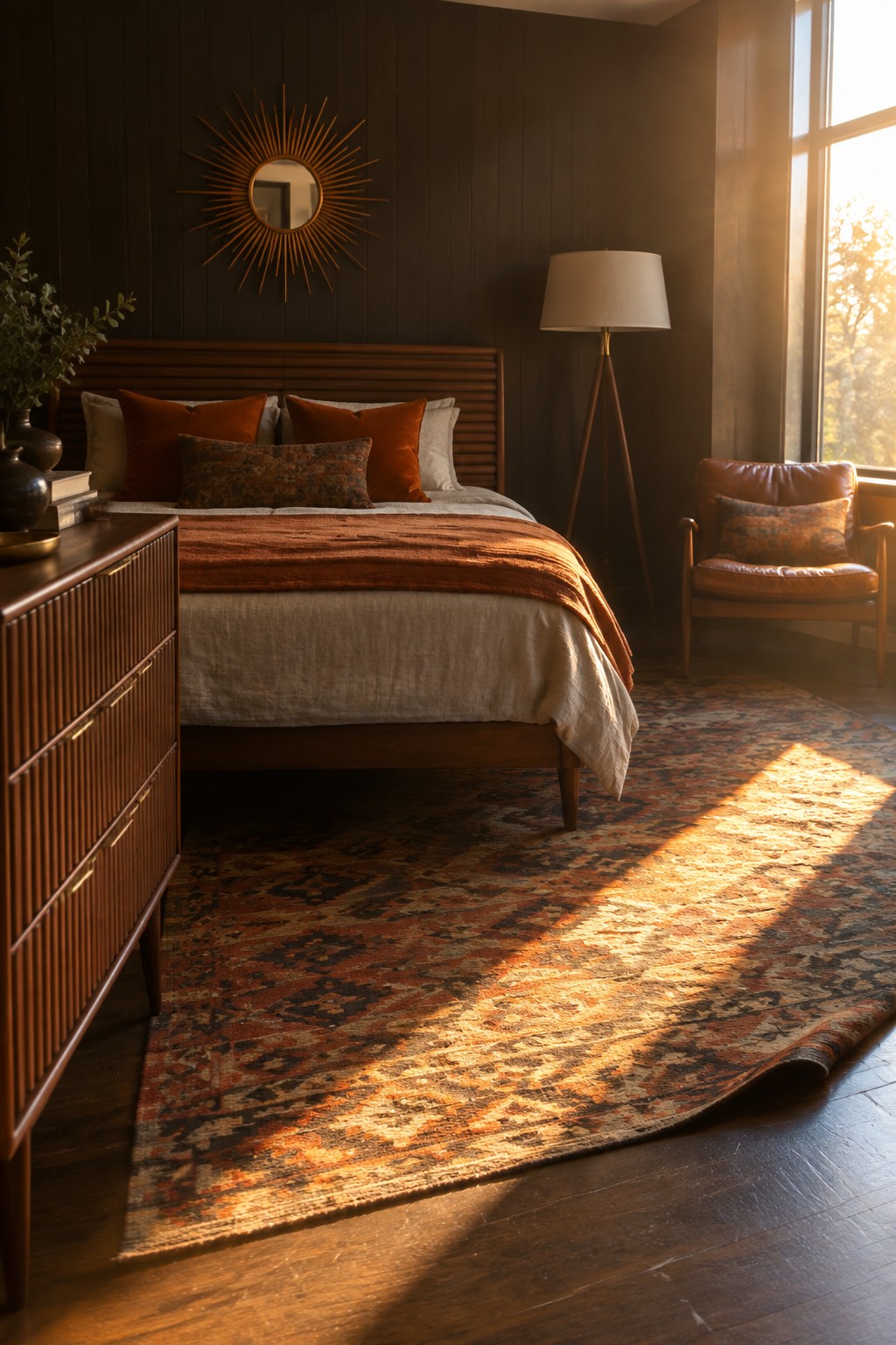 A bedroom with dark wood paneled walls, a wooden bed with rust and neutral bedding, a large patterned rug, and sunlight streaming across the floor from a tall window.