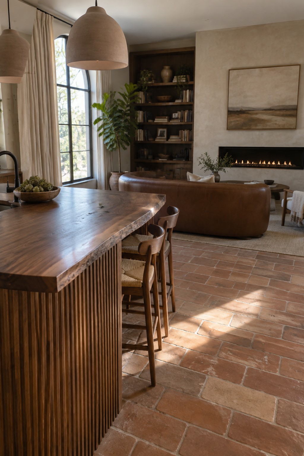 Wooden kitchen island with woven bar stools beside terracotta floors and brown leather sofa.