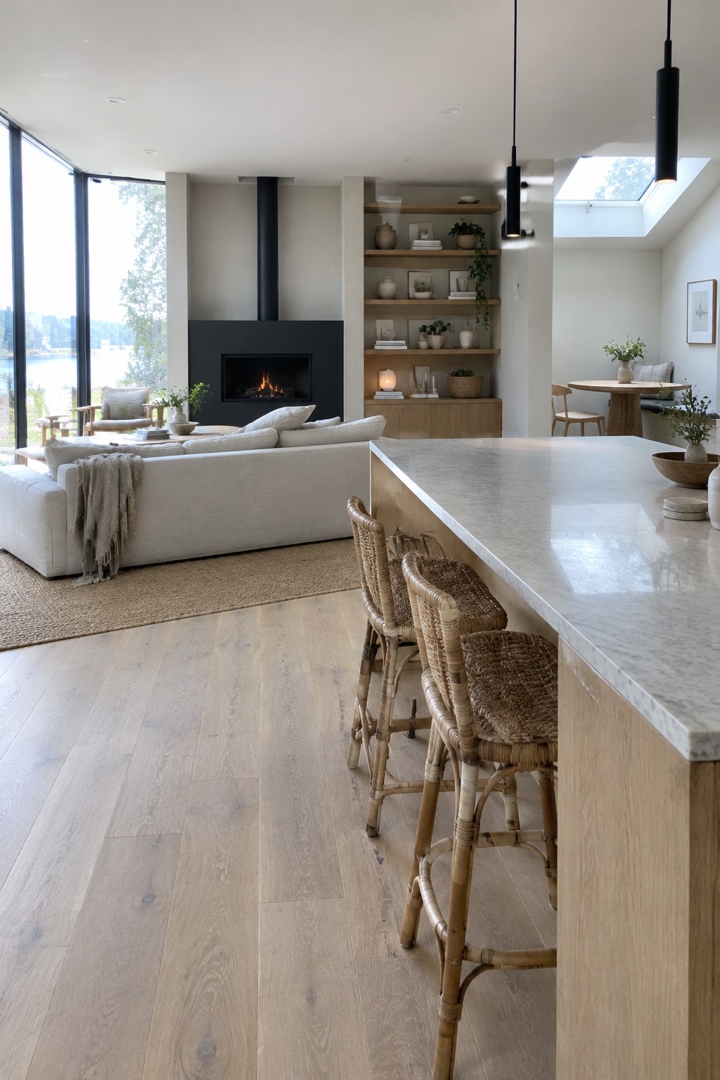 A modern open-plan interior with a marble-topped kitchen island, woven bar stools, a light sofa on a jute rug, and a black fireplace visible in the background.