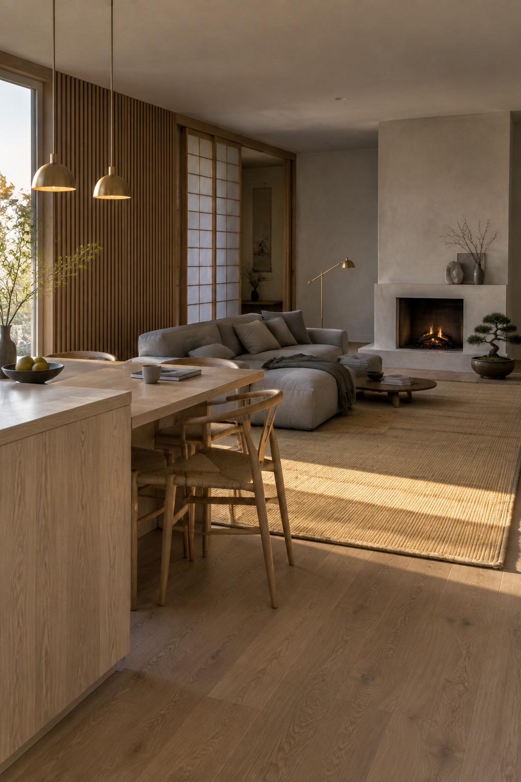 An open-plan interior showing a light wood kitchen island and dining area in the foreground that flows into a living space with a gray sectional sofa, woven rug, and fireplace.