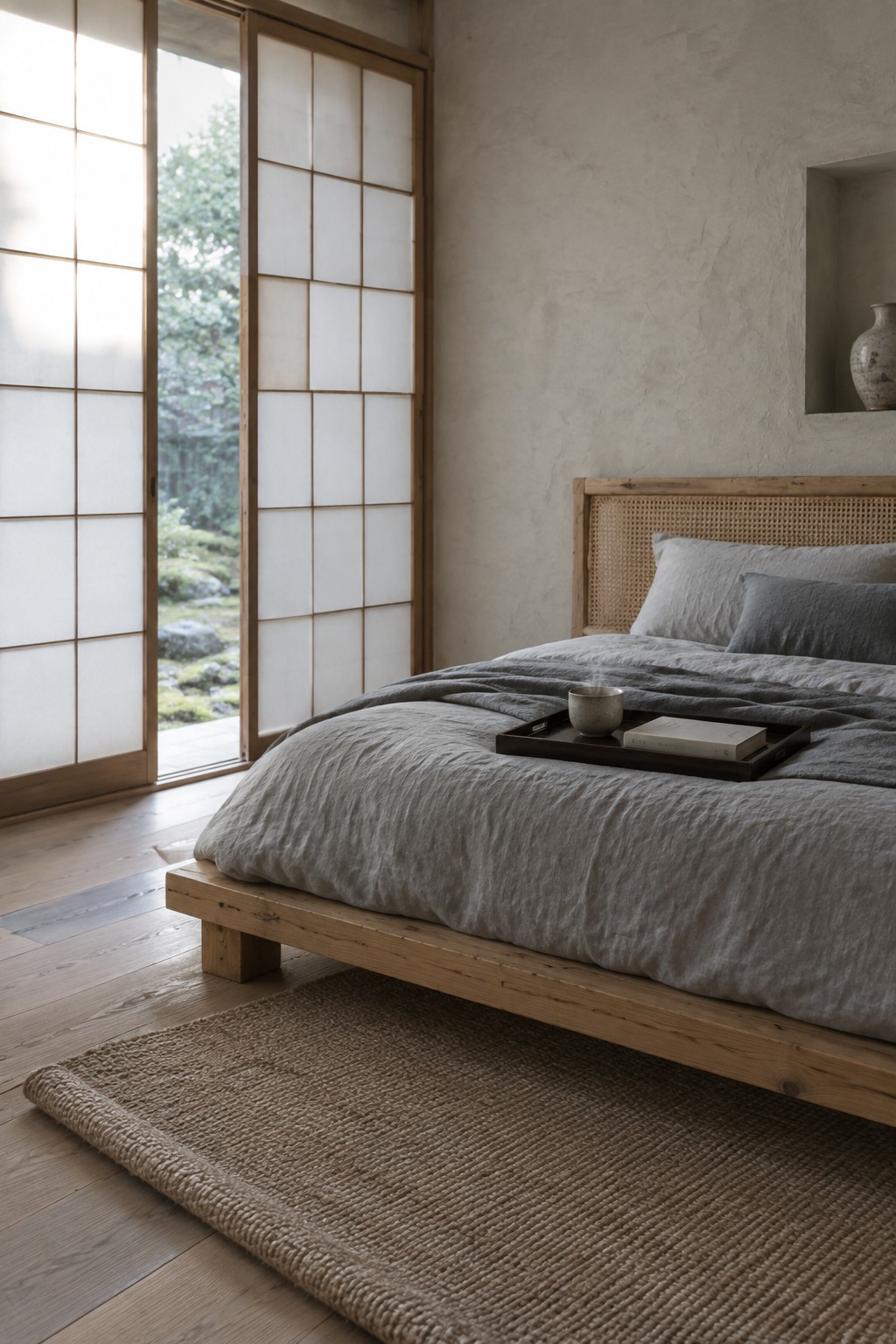 Minimalist Japanese bedroom with low wooden bed, gray linens, open shoji doors, and woven rug
