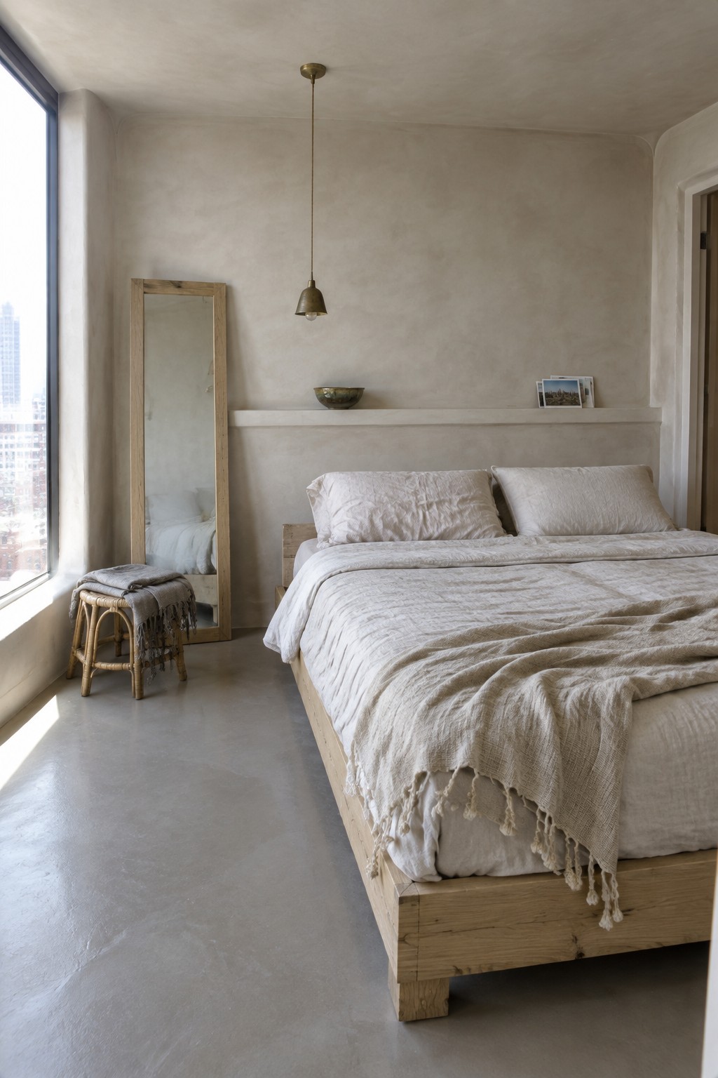 A minimalist bedroom with a low wooden platform bed covered in rumpled white linen, a tall leaning mirror against a plaster wall, and a single pendant light.