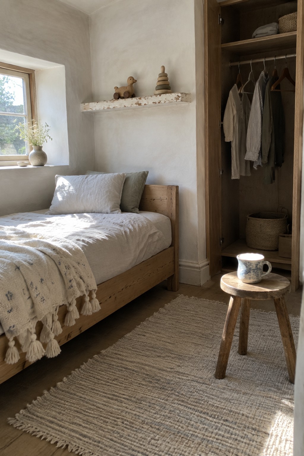 Minimalist bedroom with wooden bed, open wardrobe, woven rug, stool, and toys on shelf