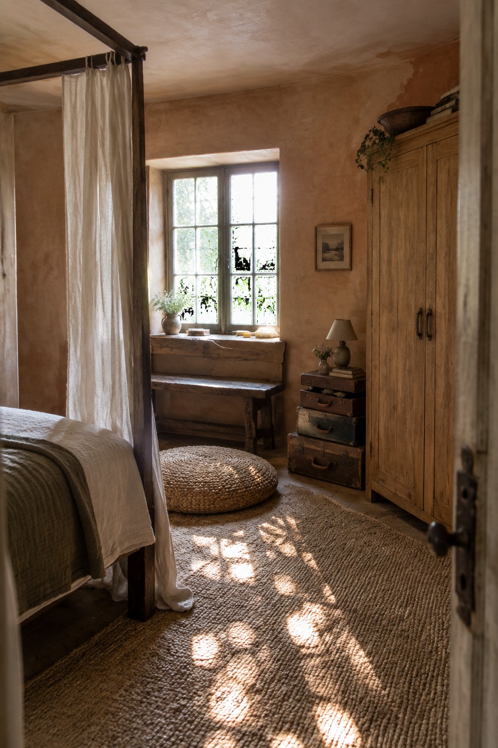 Rustic bedroom with wooden bed, woven rug, sunlight through window, and wardrobe