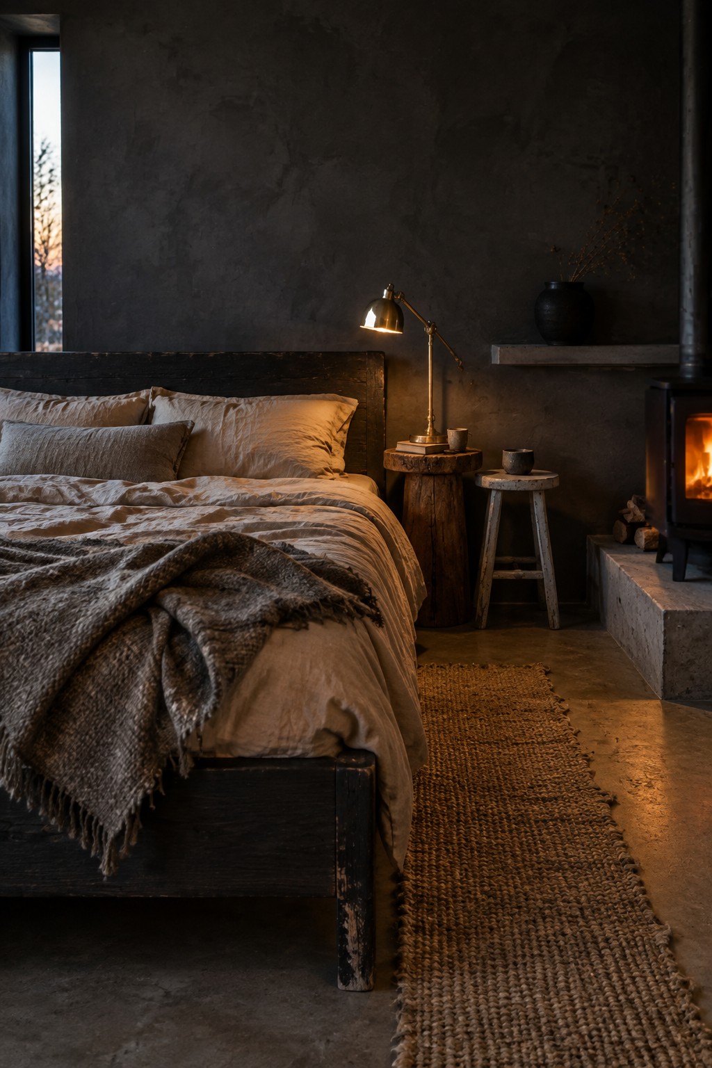 Cozy dark bedroom with rumpled linen bed, lit brass lamp, woven rug, and wood stove