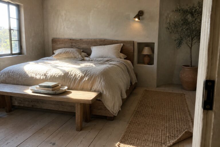 23 Relaxed Wabi Sabi Bedroom Ideas Using Plaster, Linen, and Imperfect Wood A bedroom with a low wooden platform bed dressed in beige linen, set against textured plaster walls with a wooden bench at the foot.