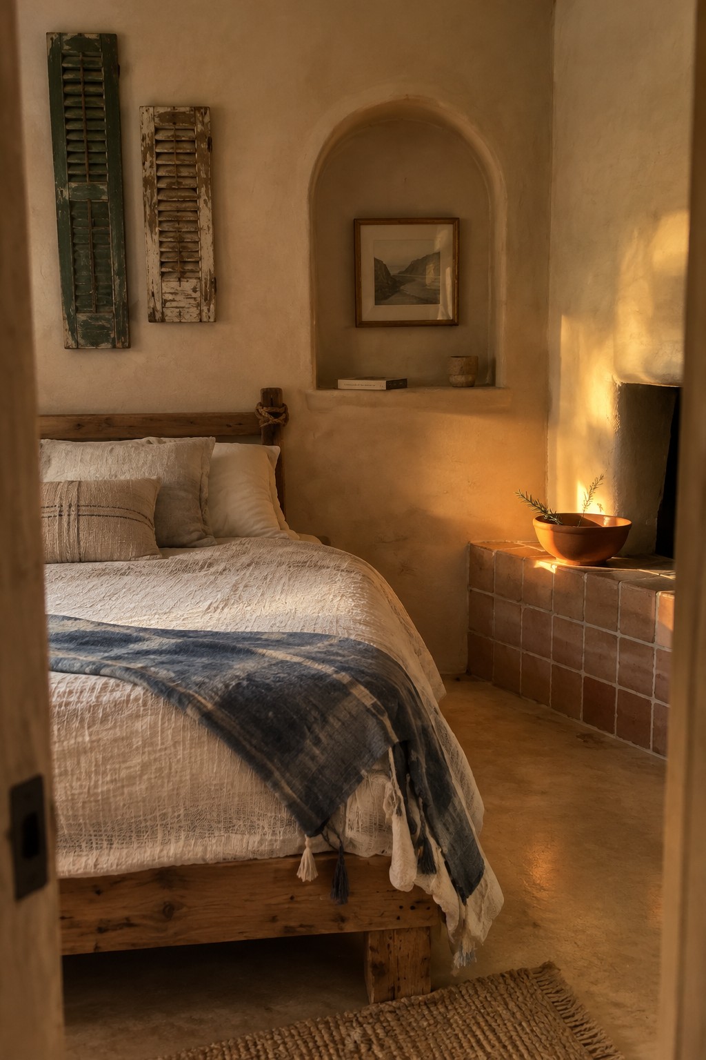 A bedroom with a rough wooden bed frame, rumpled white and blue linen bedding, textured plaster walls, an arched niche, and a terracotta ledge.