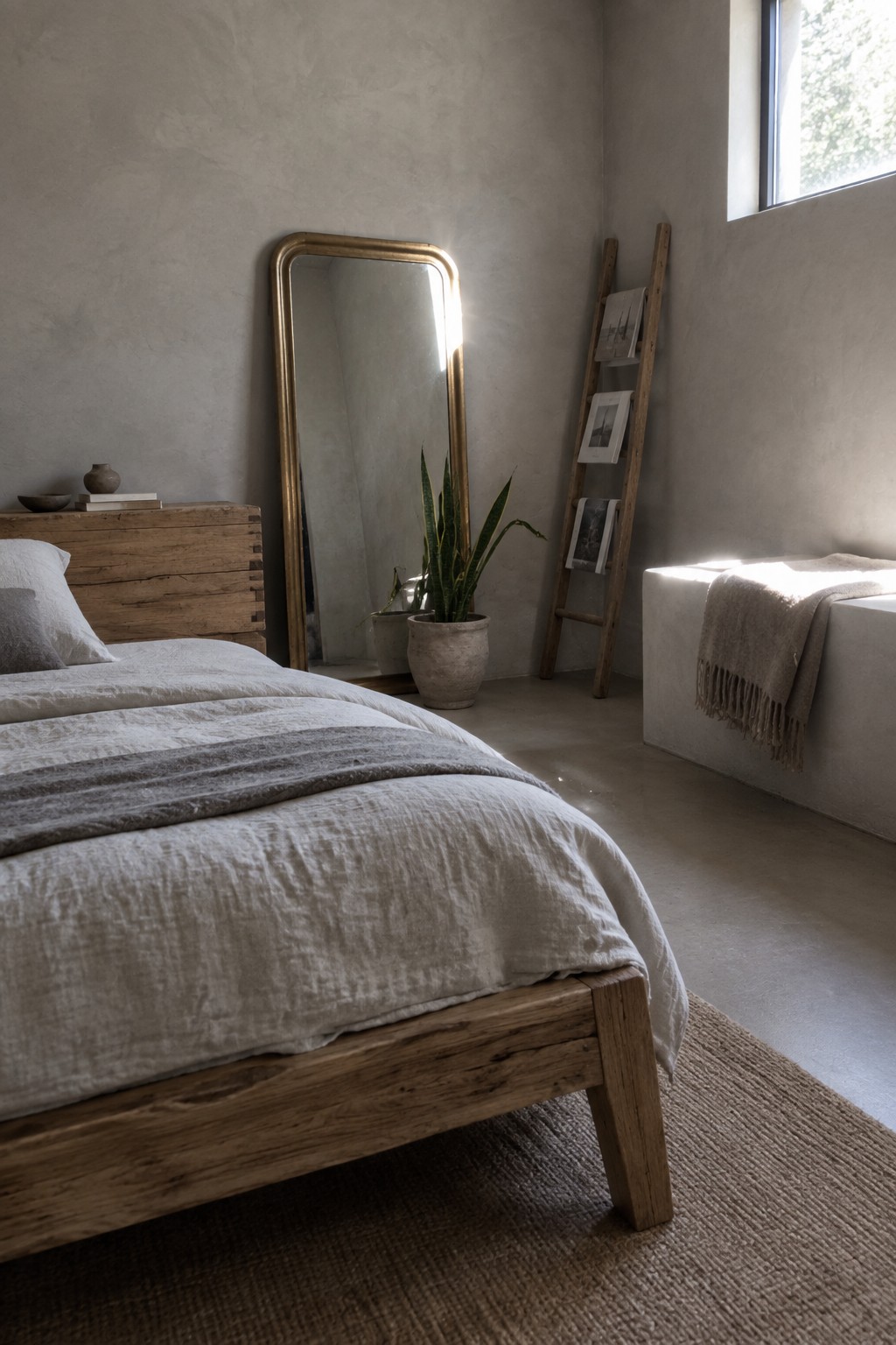 Minimalist bedroom with oak bed, linen bedding, gold mirror, and snake plant