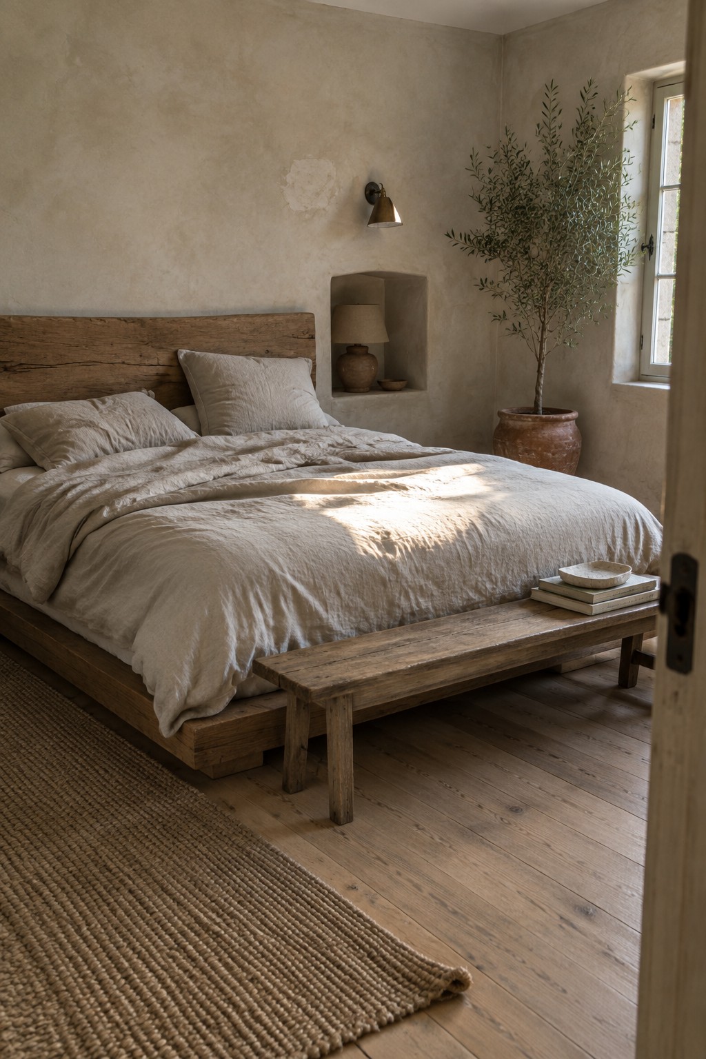 A bedroom with a low wooden platform bed dressed in beige linen, set against textured plaster walls with a wooden bench at the foot.