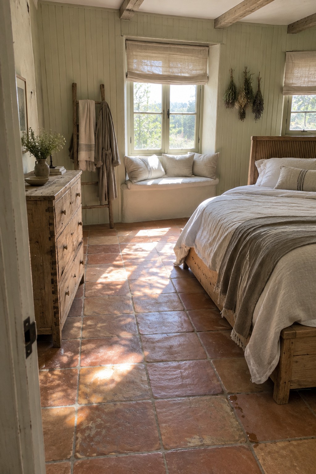 A bedroom with terracotta tile floors, a rustic wooden bed dressed in white and beige linen, a weathered wooden dresser on the left, and a window seat with cushions beneath two windows.