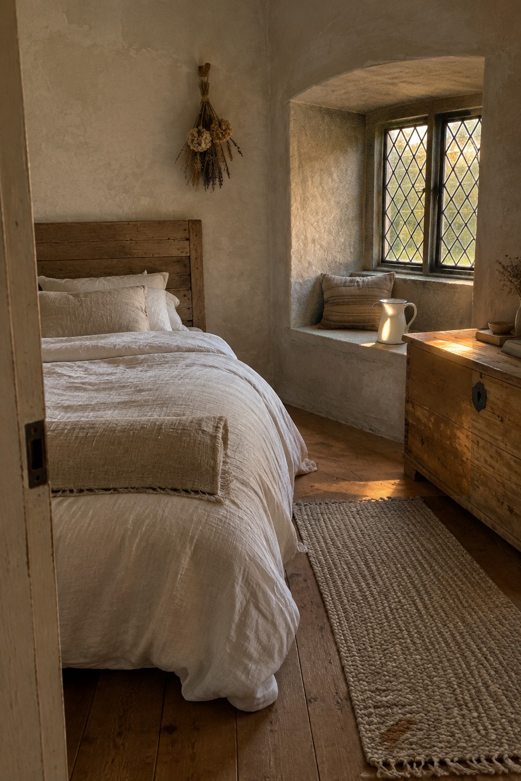 A bedroom with textured plaster walls, a wooden bed dressed in white linen bedding, a window seat with cushions, and a wooden chest on a woven rug.