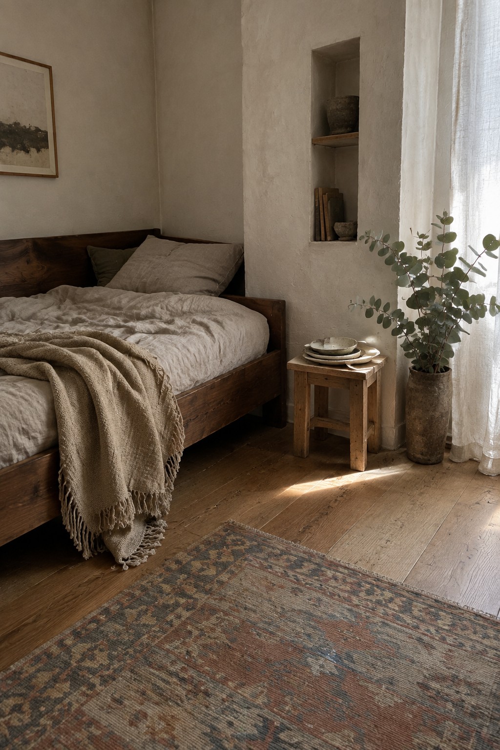 Rustic bedroom with wooden bed, beige linen bedding, stool with dishes, and patterned rug.