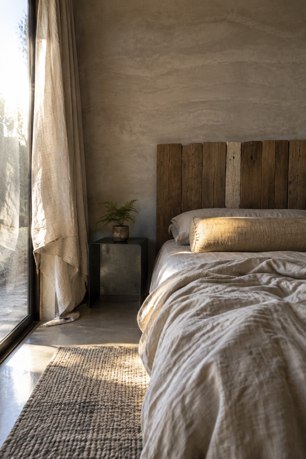 Sunlit bedroom with rustic wood headboard, rumpled linen bedding, and woven rug.