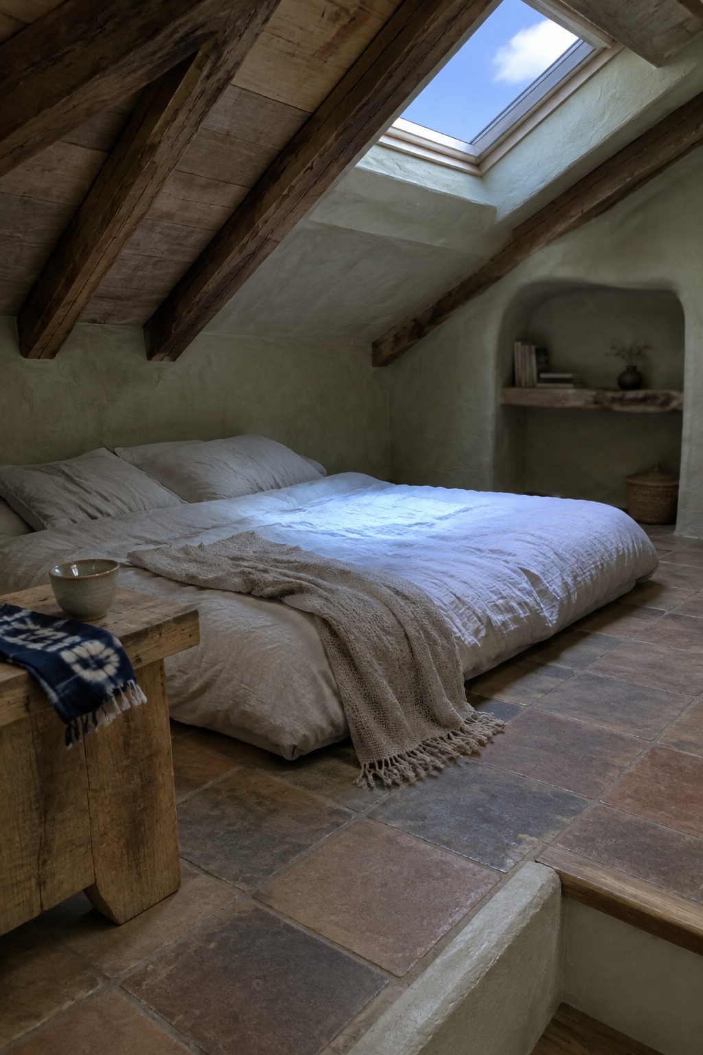 A bedroom with a large bed dressed in white linen, a beige knitted throw, exposed dark wooden ceiling beams, textured plaster walls, terracotta tile flooring, and a skylight.