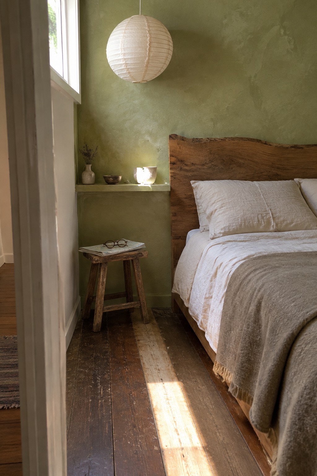 A bedroom with green textured plaster walls, a wooden bed with white and beige linen bedding, a paper lantern overhead, and a small wooden stool beside the bed.