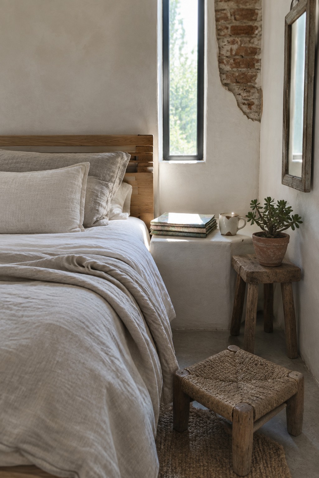 A bedroom corner showing a bed with rumpled linen bedding against a wooden headboard, a stack of books and a mug on a plaster ledge, a potted plant on a wooden stool, and a small woven bench on a jute rug near a tall window.
