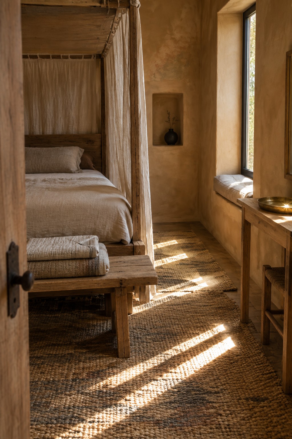 Sunlit rustic bedroom with wooden bed, woven rug, and clay walls