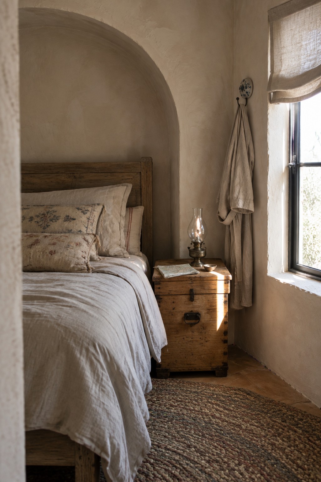 A bedroom with a wooden bed dressed in white linen, tucked under a plaster arch, and a wooden chest used as a nightstand holding an oil lamp.