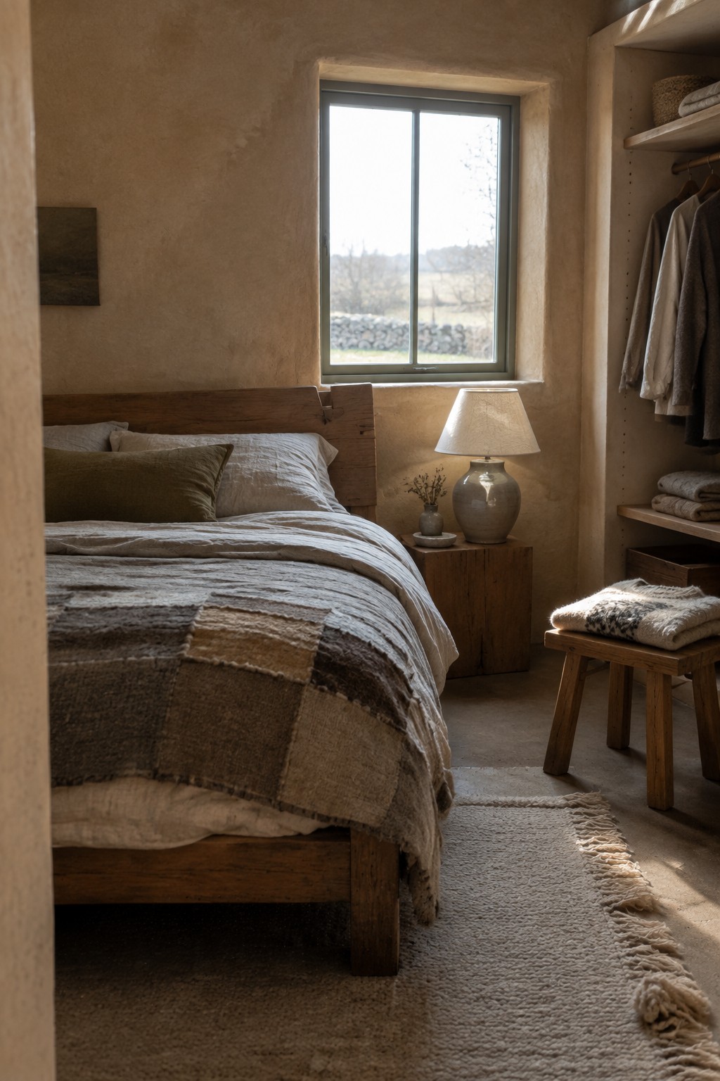 A bedroom with a wooden bed frame, patchwork linen bedding, plaster walls, a wooden nightstand, and a large window.