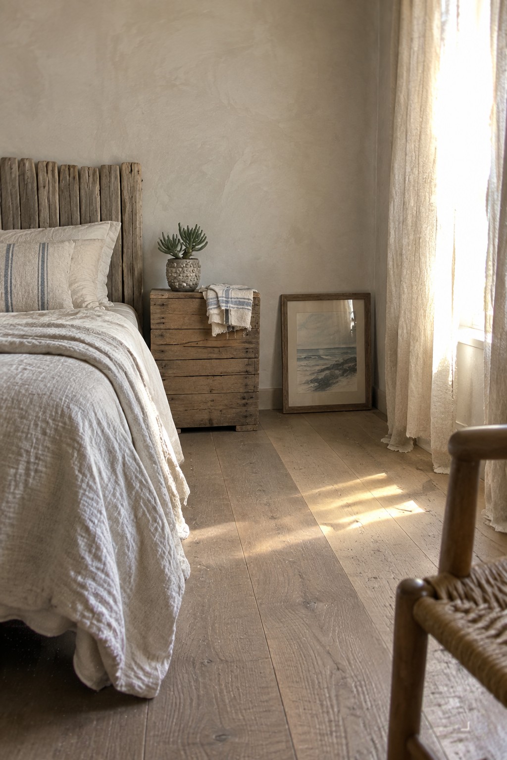 A bedroom with white linen bedding on a bed, a rustic wooden crate as a nightstand holding a potted plant and a folded cloth, a framed artwork leaning against a plaster wall, and sunlight across light wood floors.