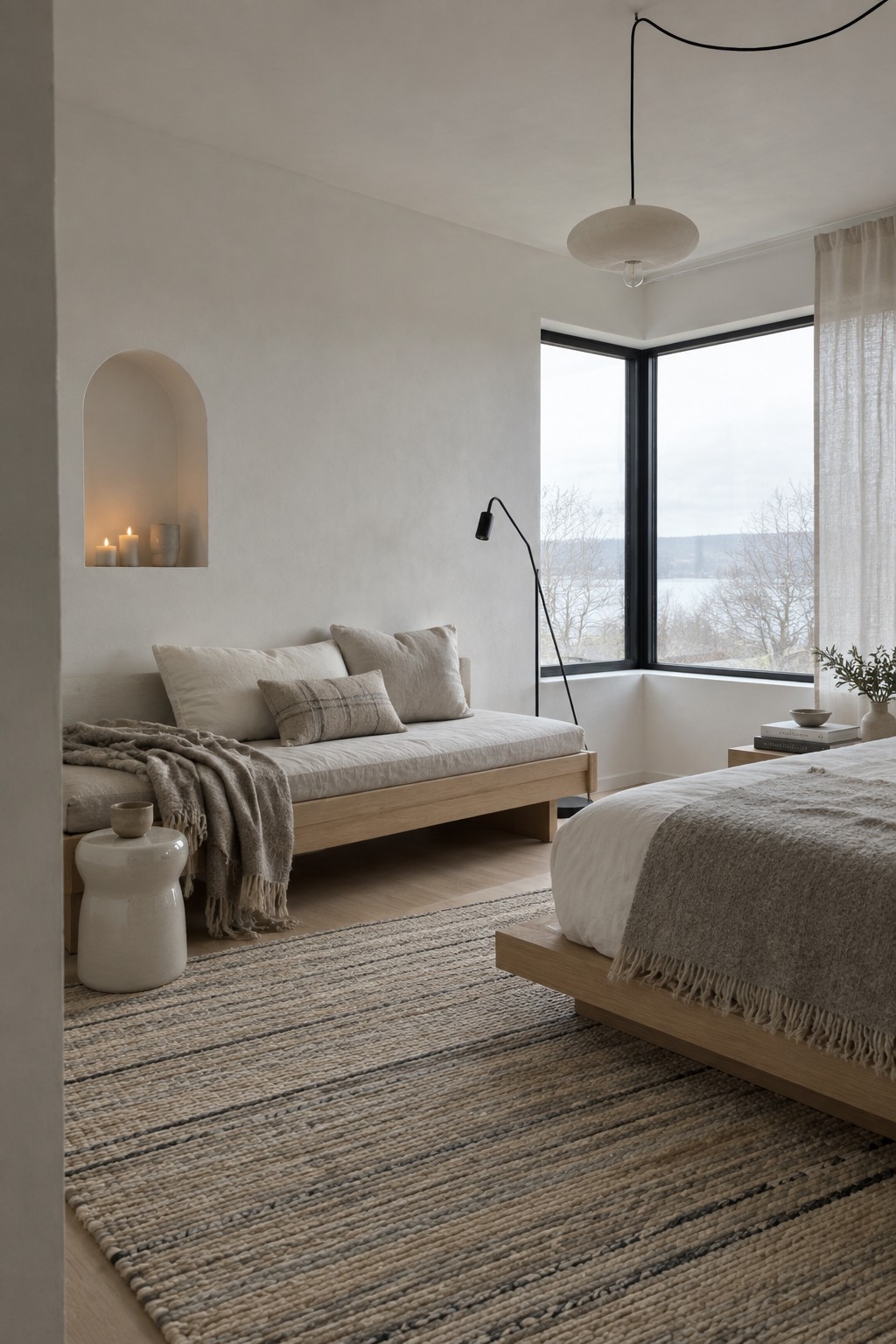 A minimalist bedroom with a light wood daybed holding neutral pillows and a throw, positioned under large windows beside a bed with white and gray bedding on a woven rug.