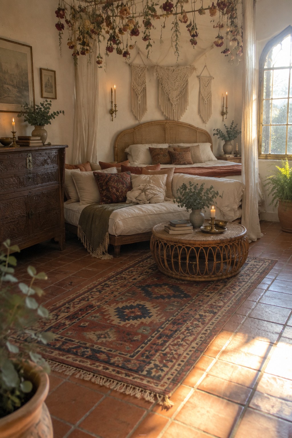 A bedroom with a large bed and a daybed seating area positioned at the foot of the bed, topped with pillows and facing a round wicker coffee table on a patterned rug.