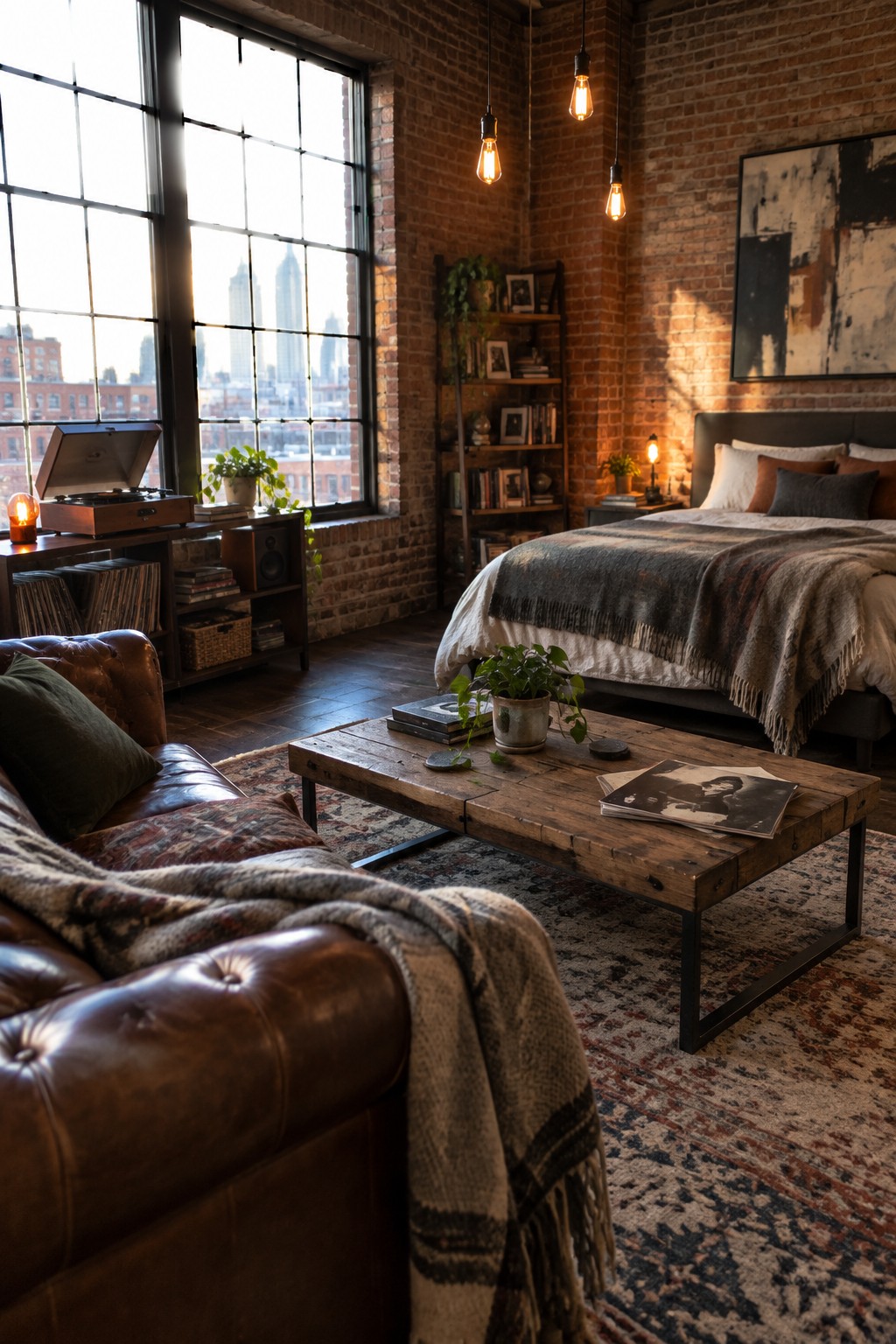 A bedroom interior with exposed brick walls, a large bed with gray bedding, a brown leather sofa, a wooden coffee table on a patterned rug, and large multi-pane windows.