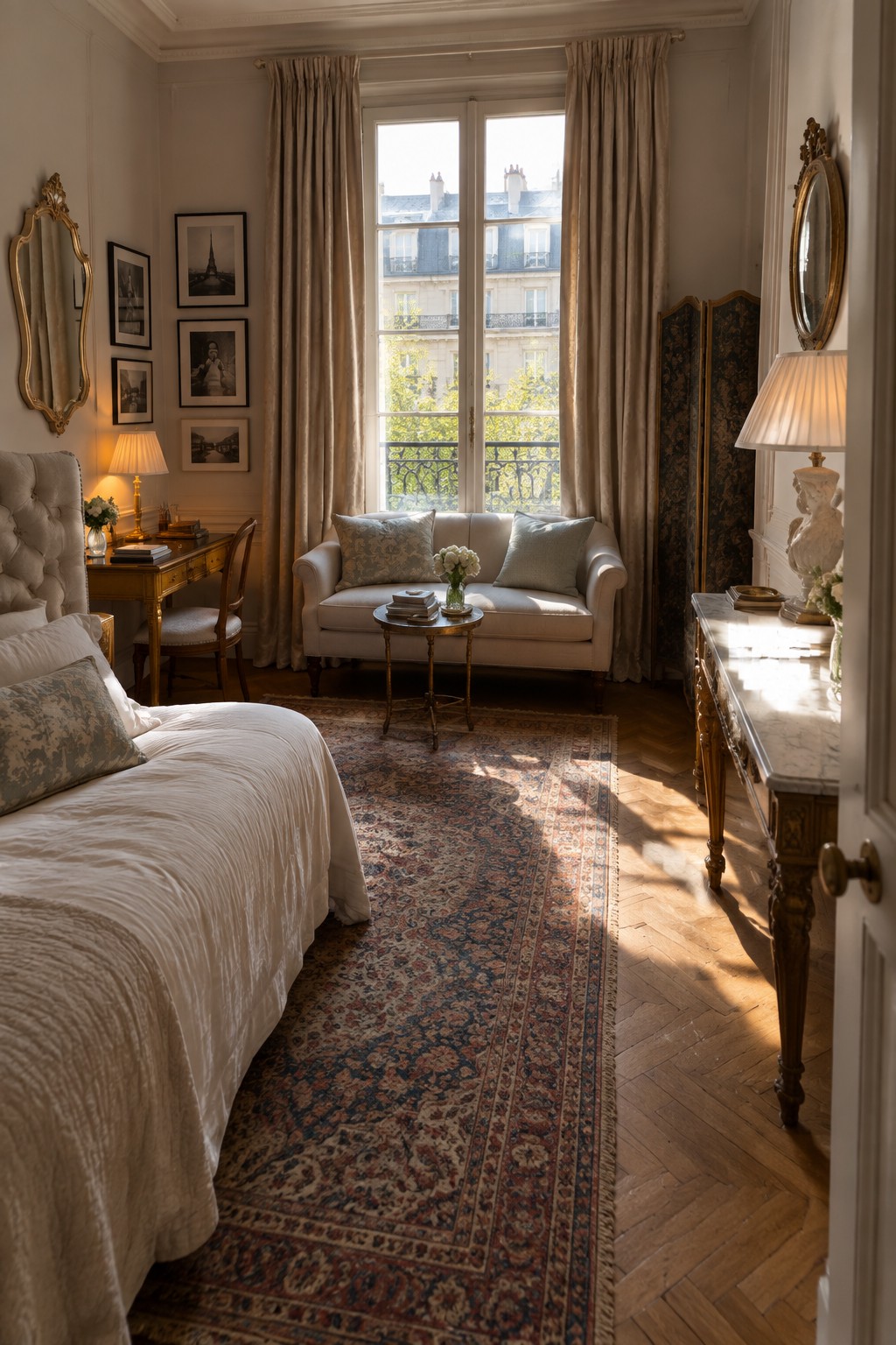 Elegant bedroom with white bed, beige sofa, patterned rug, and sunlit windows.