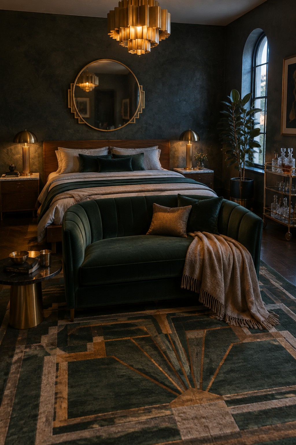 Luxurious dark green bedroom with velvet sofa, round mirror, and gold chandelier