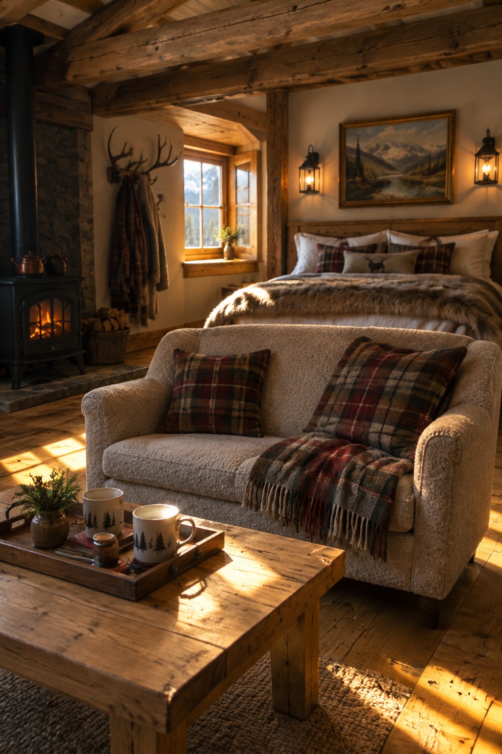 A rustic bedroom with a wooden bed covered in fur and plaid pillows, a beige sofa with matching plaid cushions, a wooden coffee table holding mugs, and a wood-burning stove near a window.