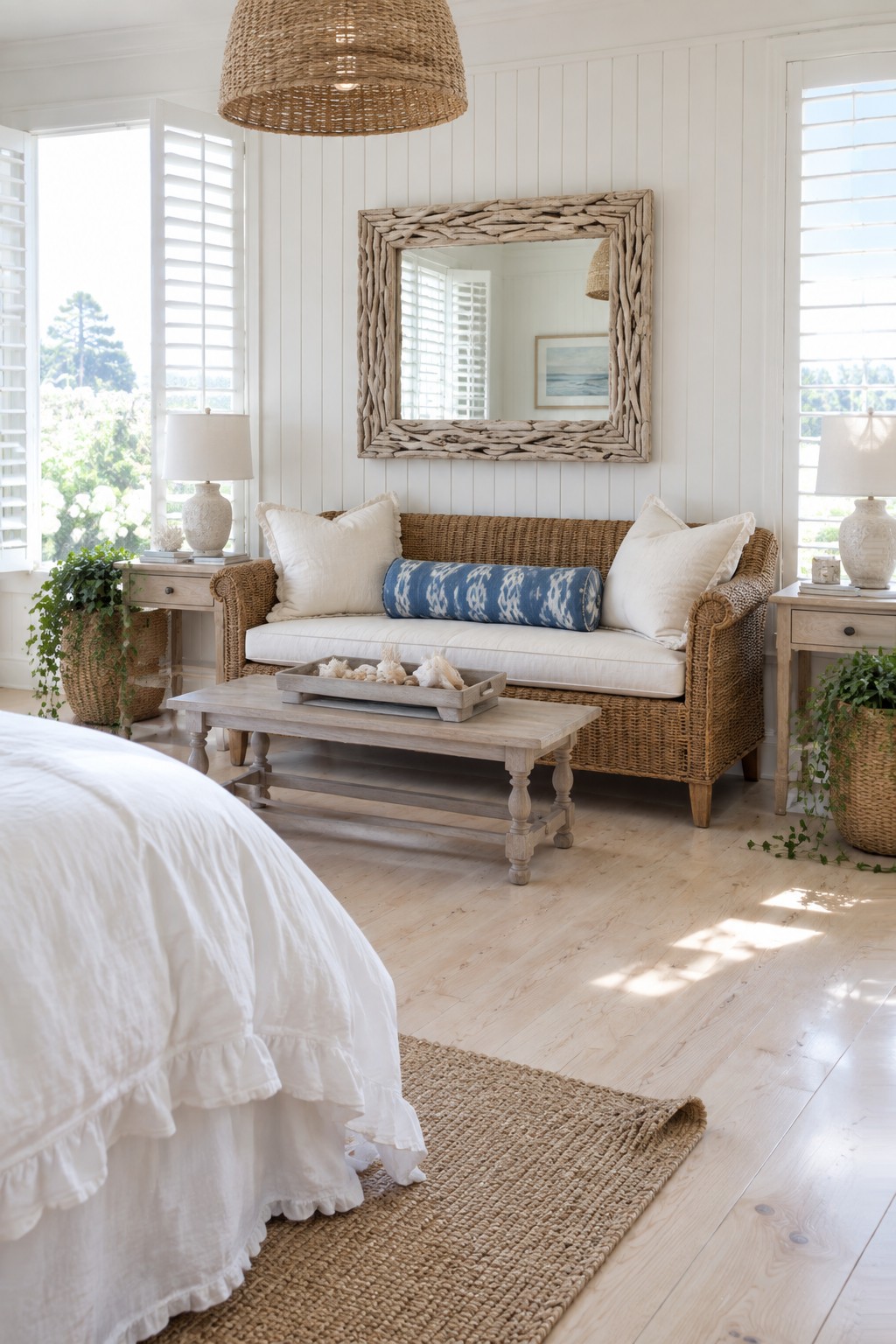 A bright bedroom with a brown wicker sofa, white cushions, a blue patterned bolster, a large driftwood mirror above it, matching side tables with lamps, a wooden coffee table, and a bed with white ruffled bedding in the foreground.