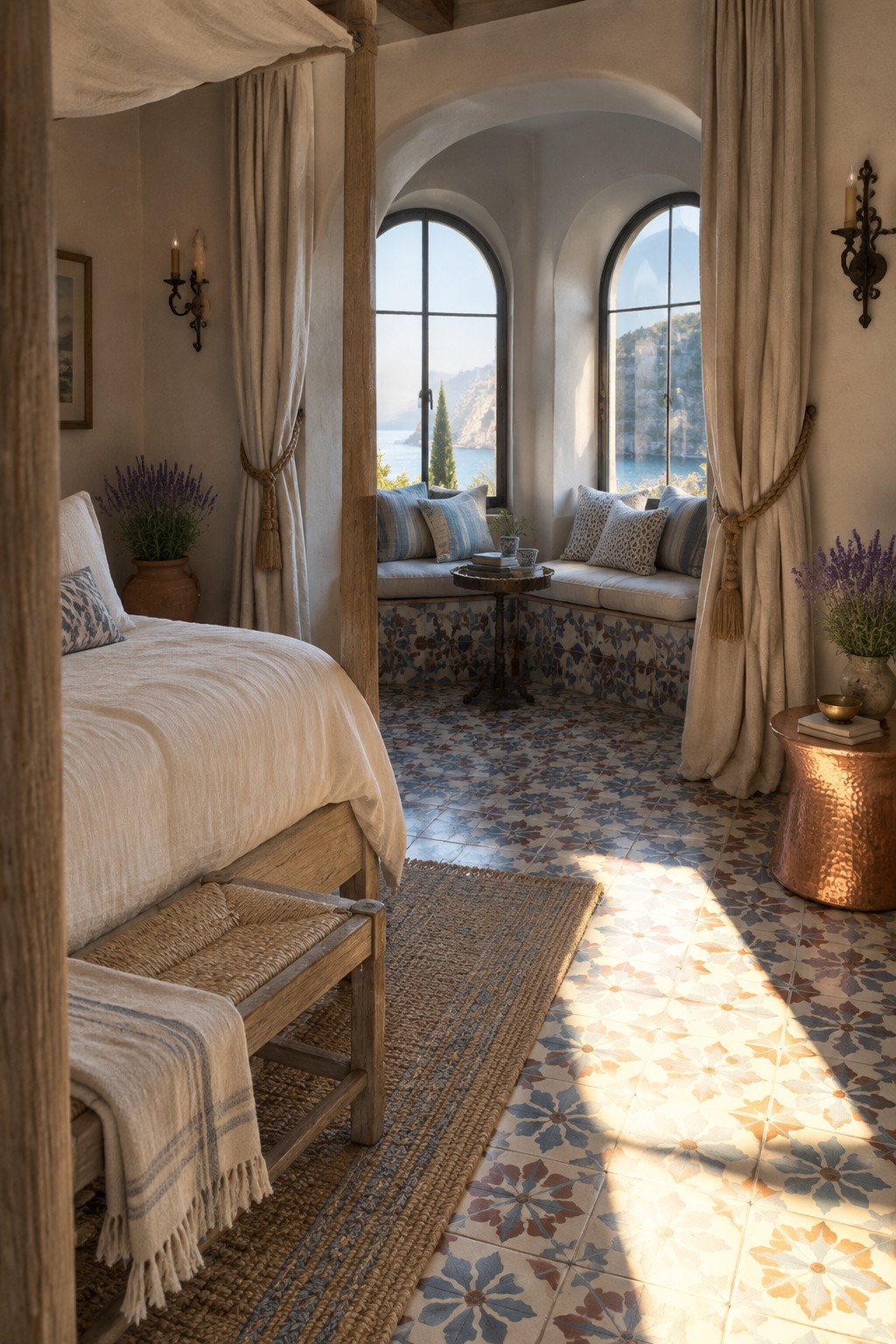 A bedroom interior showing a wooden four-poster bed on the left and a built-in cushioned bench seat under two large arched windows with blue and white patterned tile below.