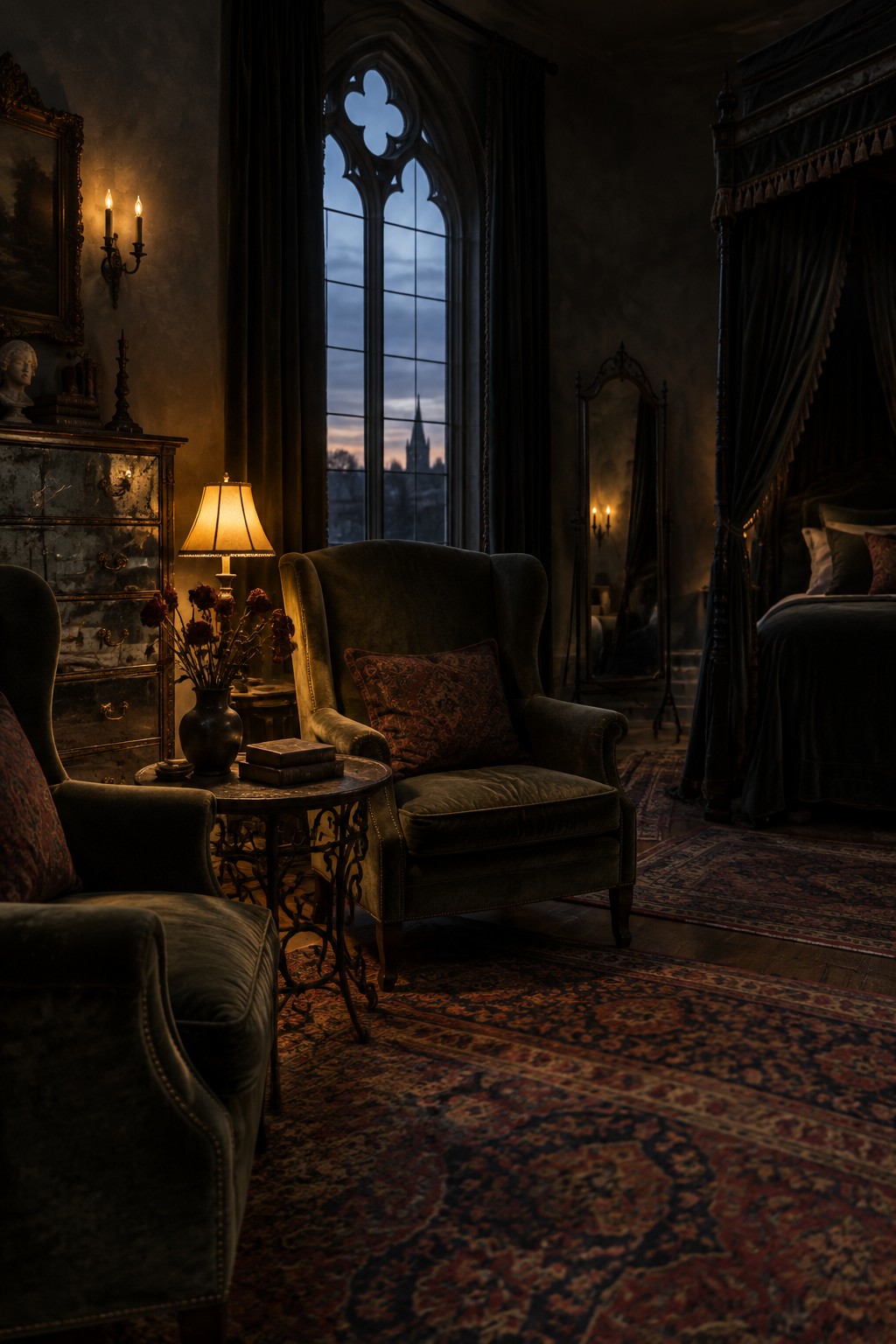 A dimly lit gothic-style bedroom with two dark green velvet armchairs positioned around a small round table in front of a tall arched window, beside a four-poster bed with dark drapes.