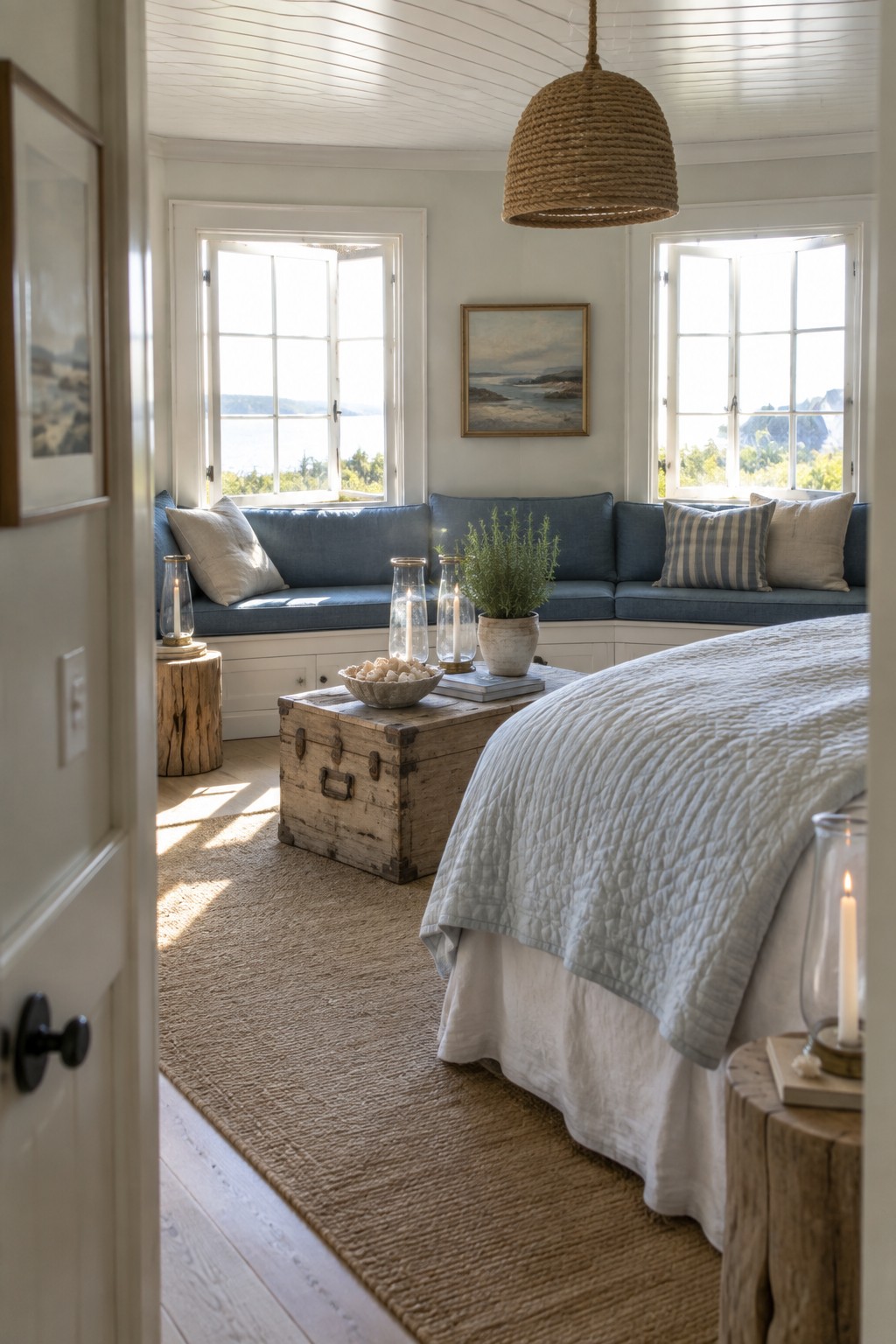 A bedroom interior showing a built-in blue cushioned window bench between two open windows, a bed with white and light blue bedding, a wooden trunk table on a woven rug, and lit candles.