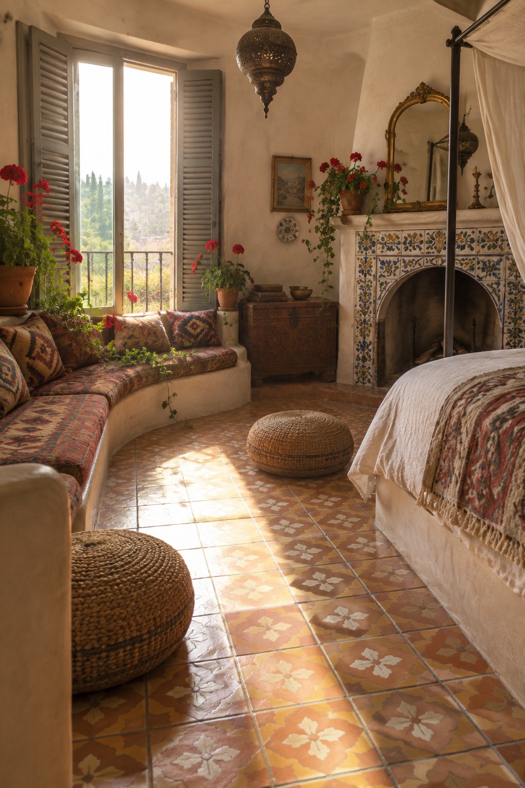 A bedroom interior with a curved built-in window seat covered in patterned cushions, a woven pouf on patterned tile flooring, a tiled fireplace, and a canopy bed on the right.