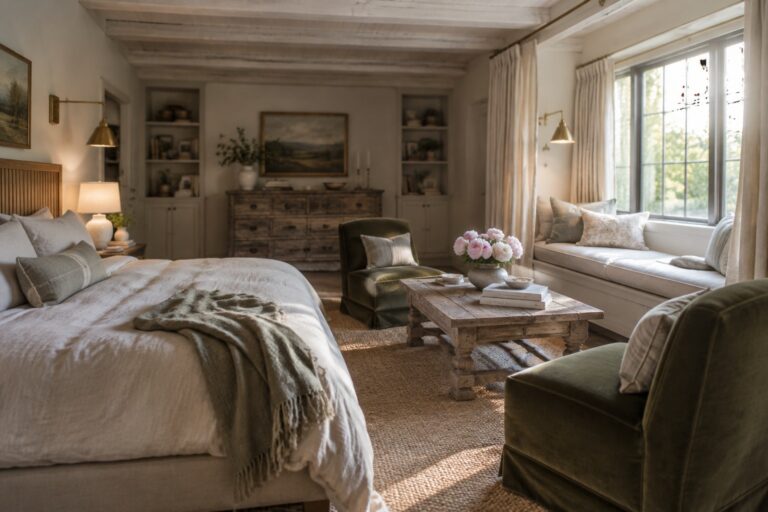 23 Romantic Couple Bedroom Ideas Built Around a Shared Seating Area A bedroom interior showing a bed with white linens, a rustic wooden coffee table holding stacked books and a vase of pink peonies, two green velvet armchairs, a window seat with pillows, and built-in shelves in the background.