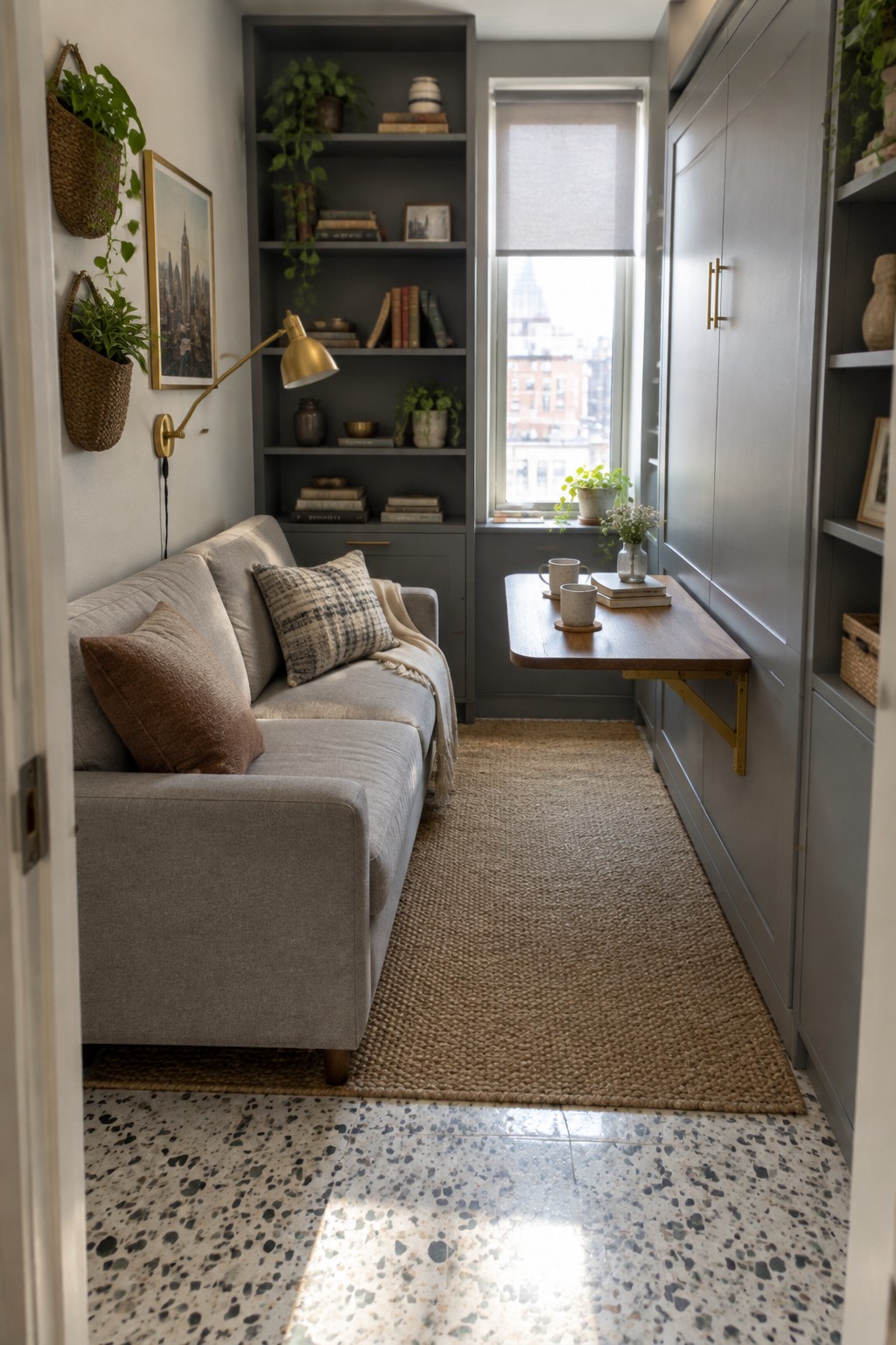 A narrow room with a gray sofa on the left, built-in bookshelves along the back wall, a window at the end, and a wooden fold-down table mounted on the right wall.