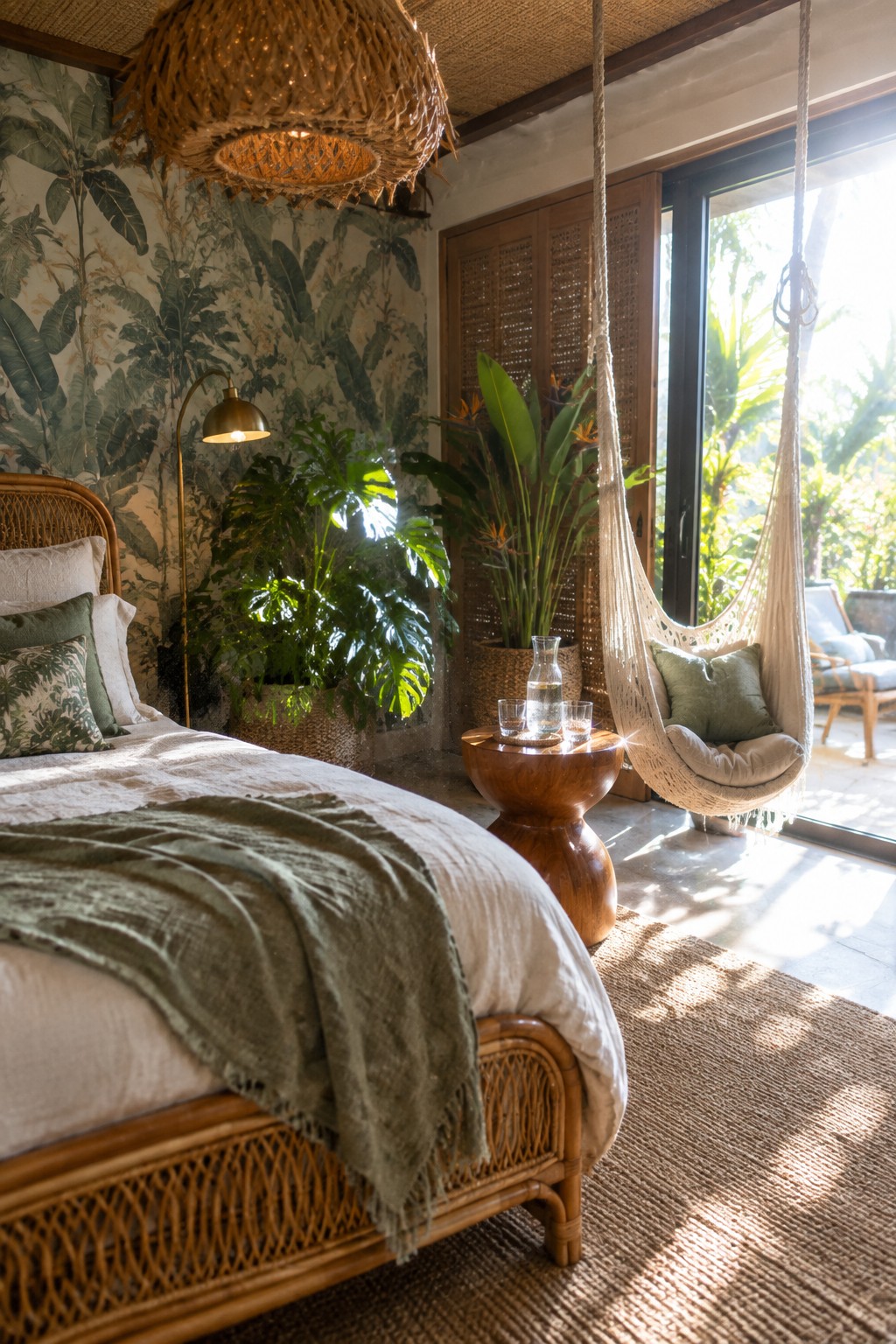 A bedroom with a rattan bed, green linens, a woven hanging chair with cushions by large windows, and tropical leaf wallpaper on the walls.