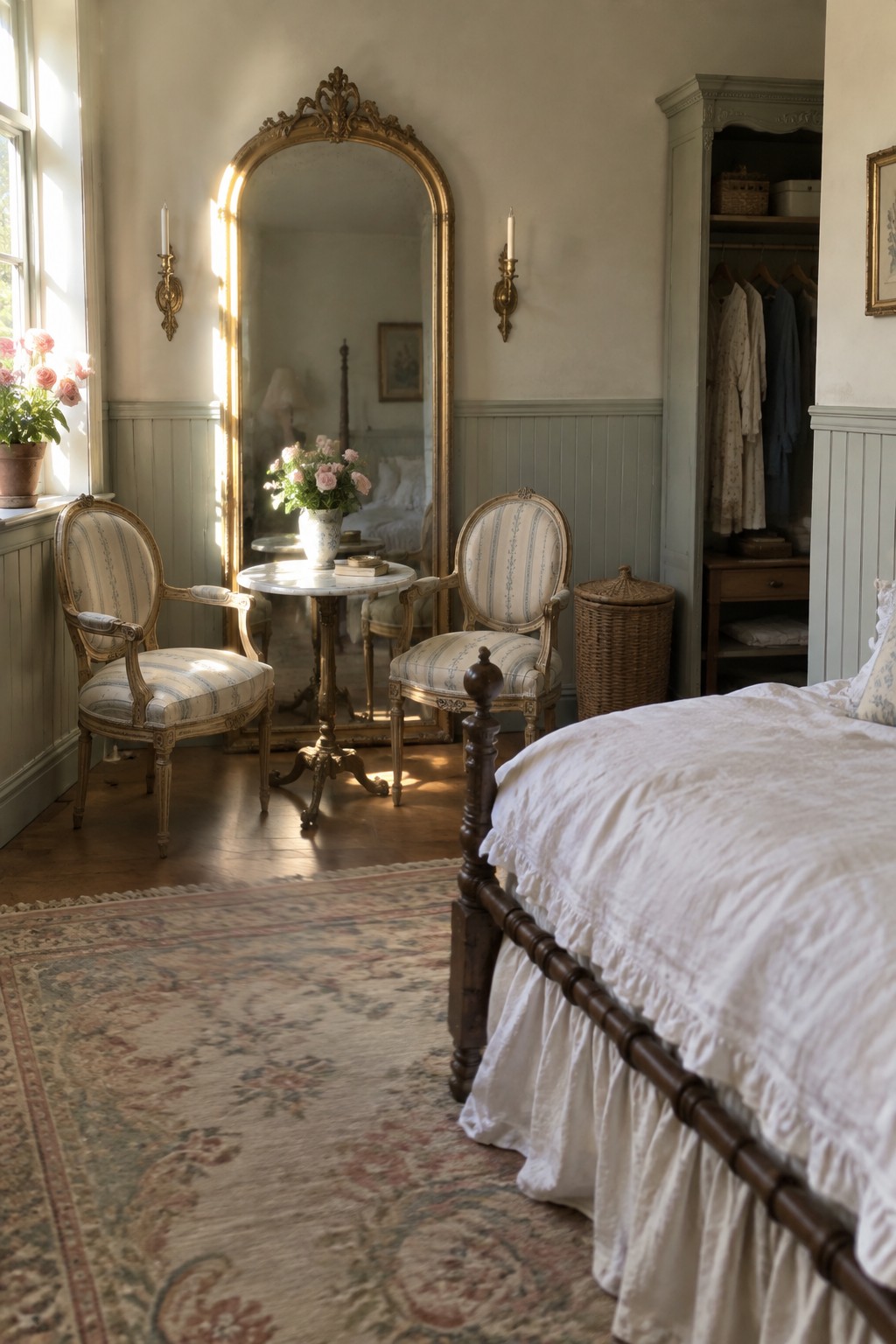 A bedroom with two striped armchairs placed around a small round table in front of a large gold-framed mirror, next to a bed with white bedding.