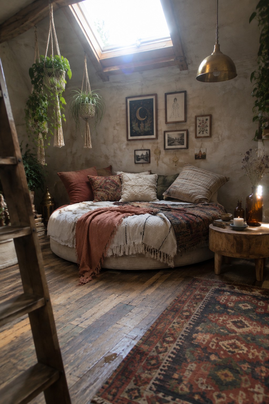 Cozy bohemian attic bedroom with round bed, hanging plants, skylight, and rug.