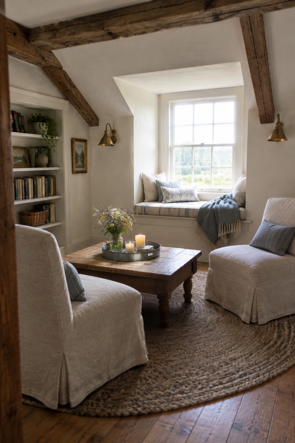 Cozy room with window seat, wooden beams, coffee table, armchairs, and braided rug